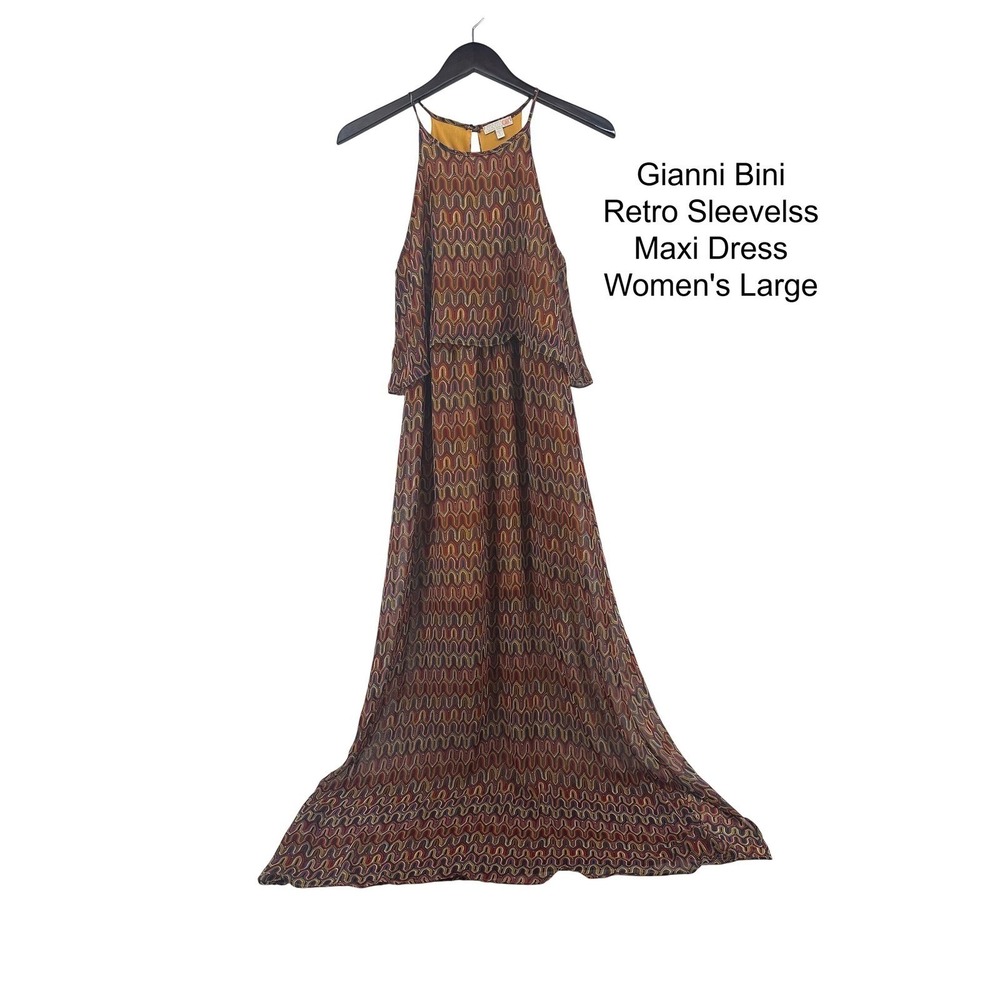 Gianni Bini Retro Sleeveless Maxi Dress Women Large Multi Color Geometric Tiered